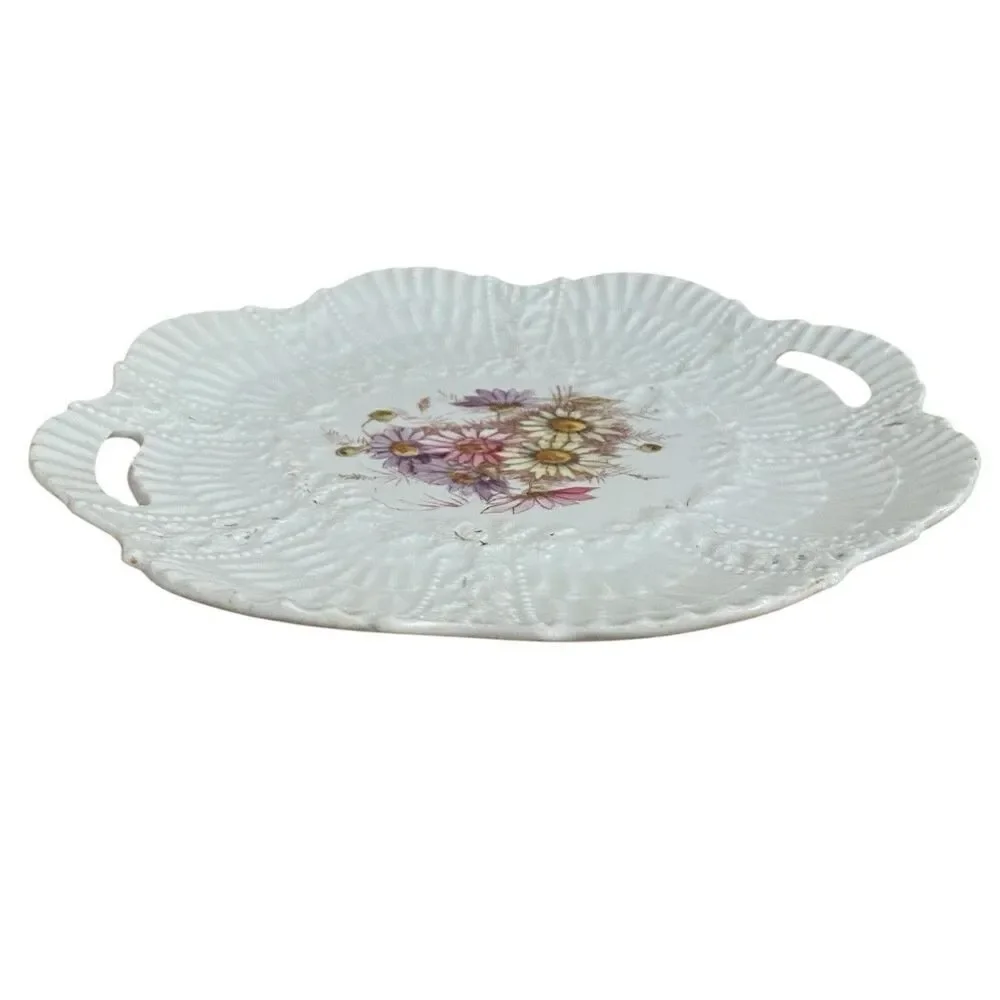 Bisque Scallop Coral Floral Limoges Round Tab Handle Platter/Tray Antique